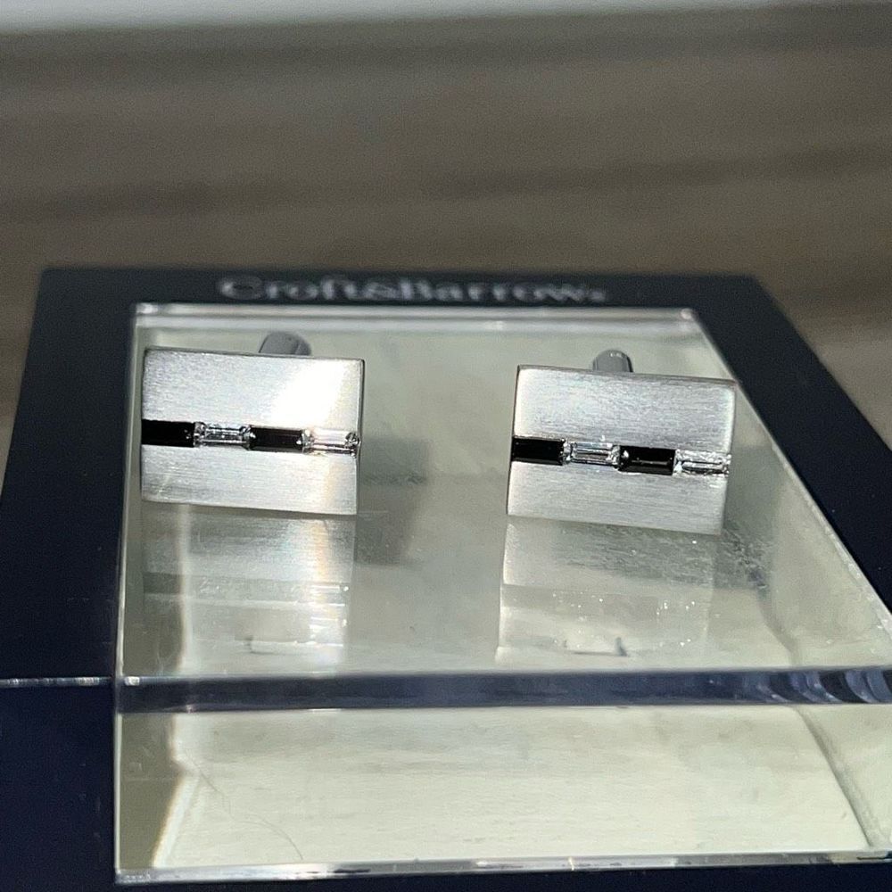 Croft & Barrow Men Silver Tone Cufflinks With Black & Clear Rhinestones Gift Box